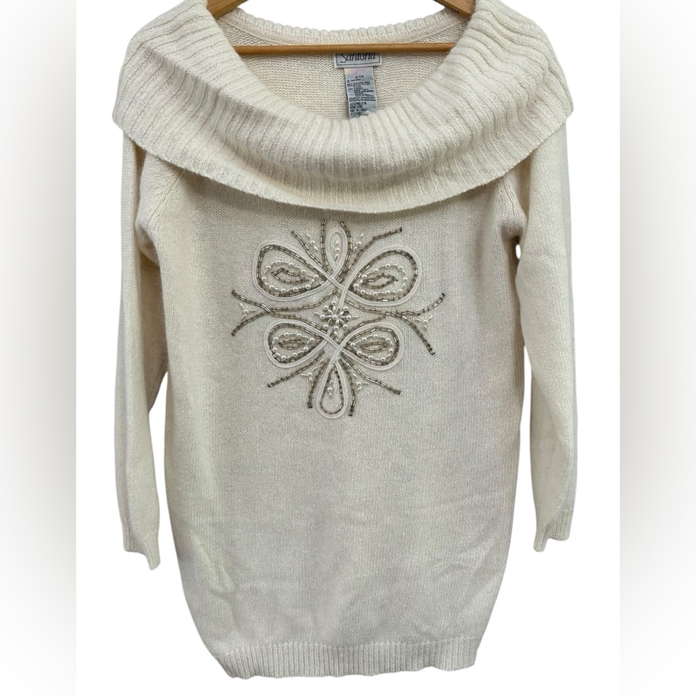 Vintage Silk Angora Embroidered Beaded Foldover Off‎ The Shoulder Sweater Small